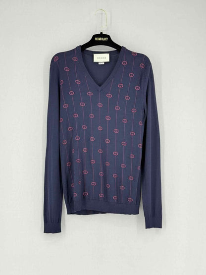 Pre - loved GUCCI Blue w/ Pink GG Logo Size XSmall Jumper at Reems Closet