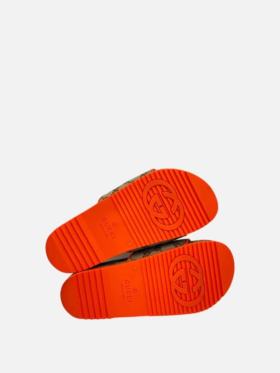 Pre - loved GUCCI Brown w/ Orange GG Supreme Slides at Reems Closet