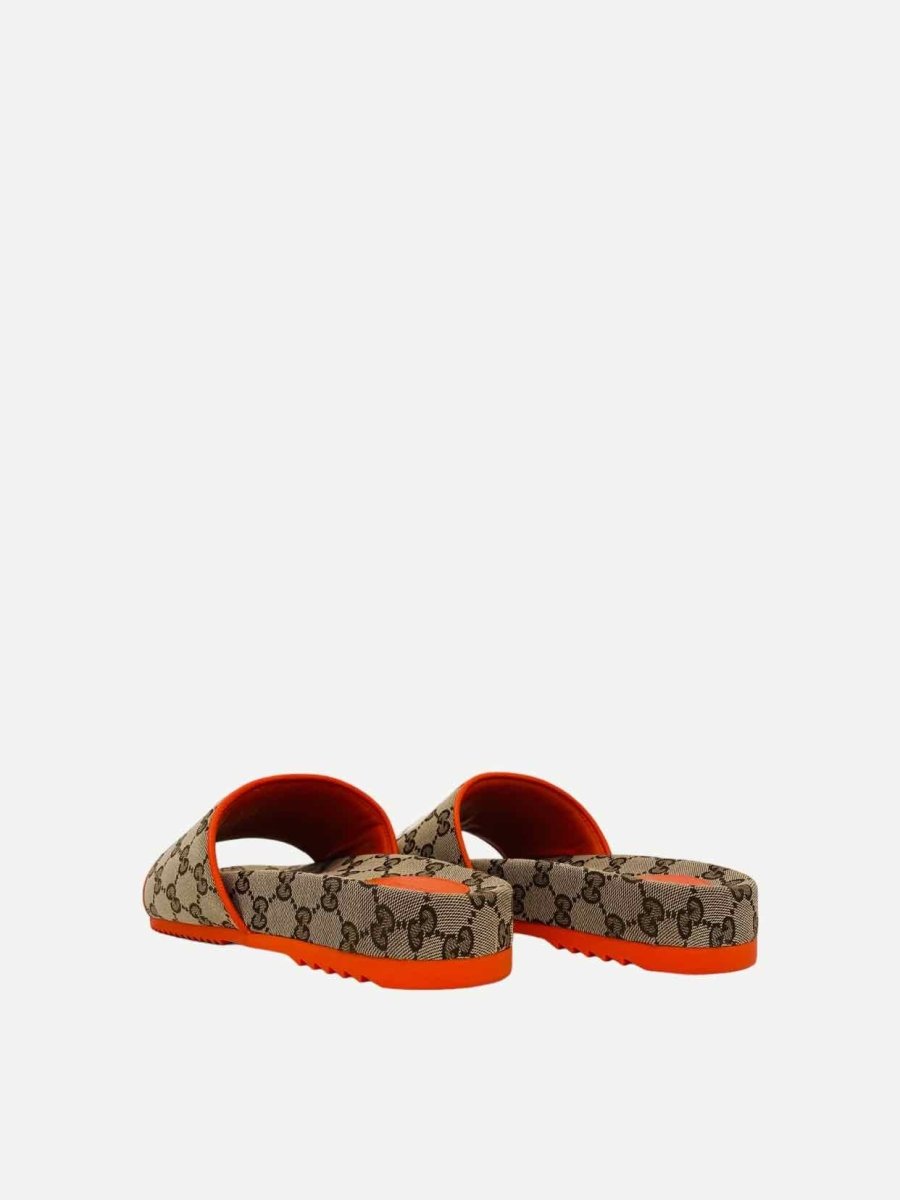 Pre - loved GUCCI Brown w/ Orange GG Supreme Slides at Reems Closet