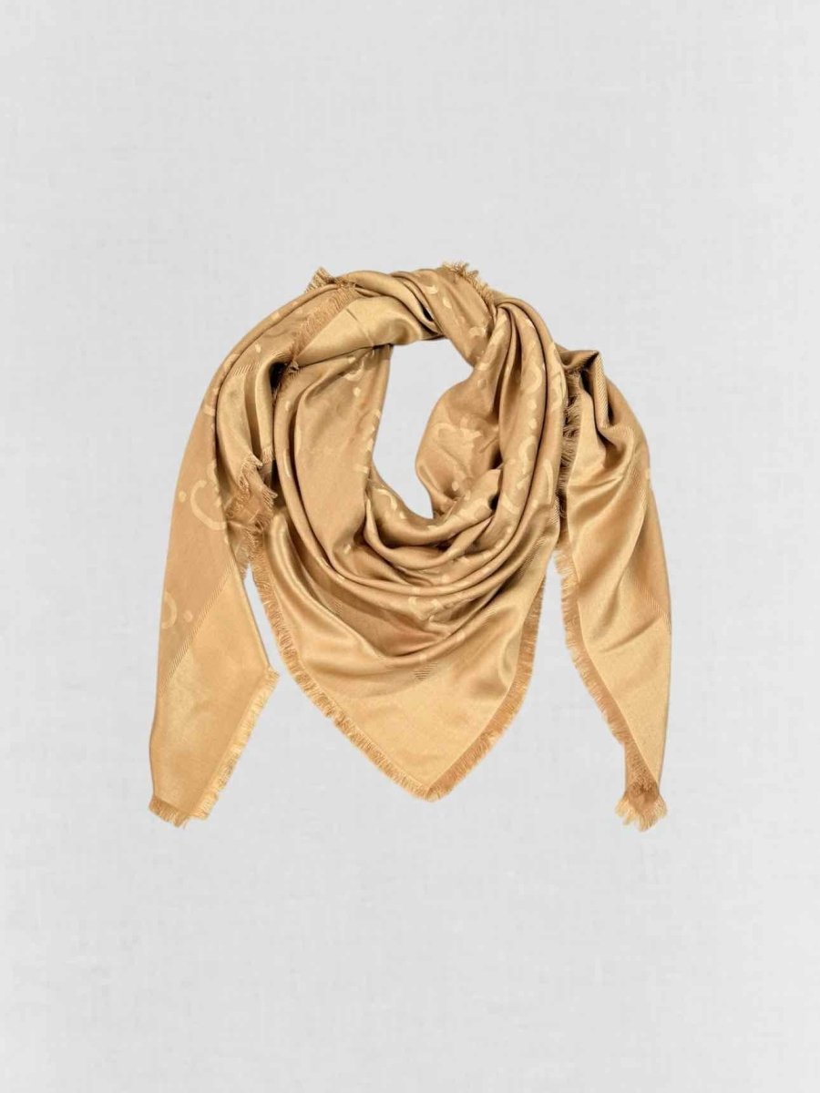 Pre - loved GUCCI Camel Fringed Scarf at Reems Closet