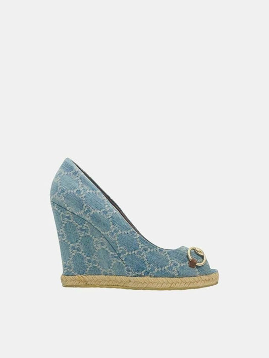 Pre - loved GUCCI Charlotte Horsebit Blue GG Wedges at Reems Closet