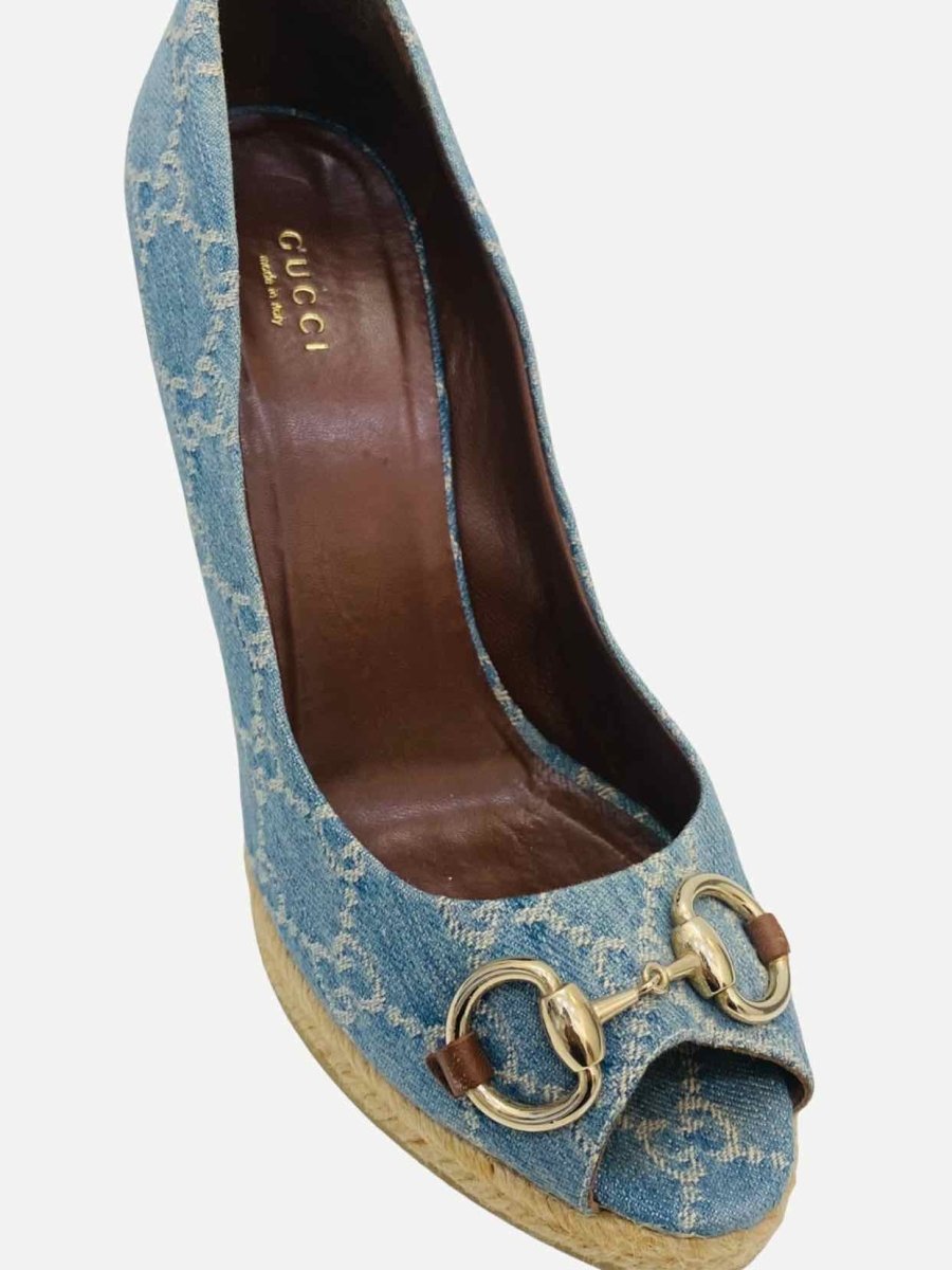 Pre - loved GUCCI Charlotte Horsebit Blue GG Wedges 40.5 at Reems Closet