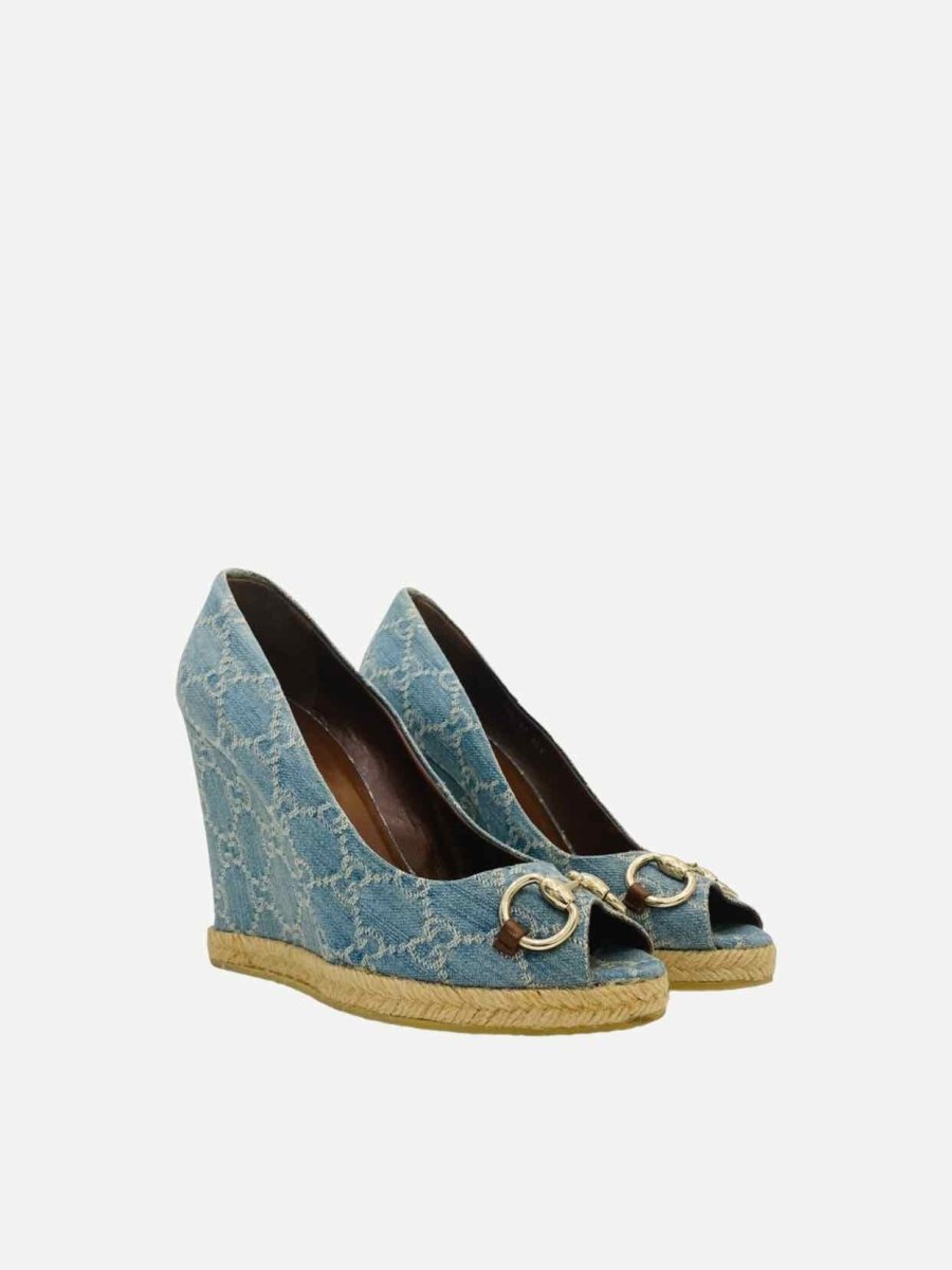 Pre - loved GUCCI Charlotte Horsebit Blue GG Wedges 40.5 at Reems Closet