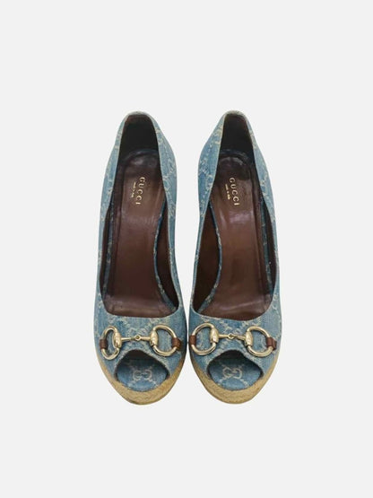 Pre - loved GUCCI Charlotte Horsebit Blue GG Wedges 40.5 at Reems Closet