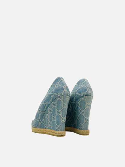 Pre - loved GUCCI Charlotte Horsebit Blue GG Wedges 40.5 at Reems Closet