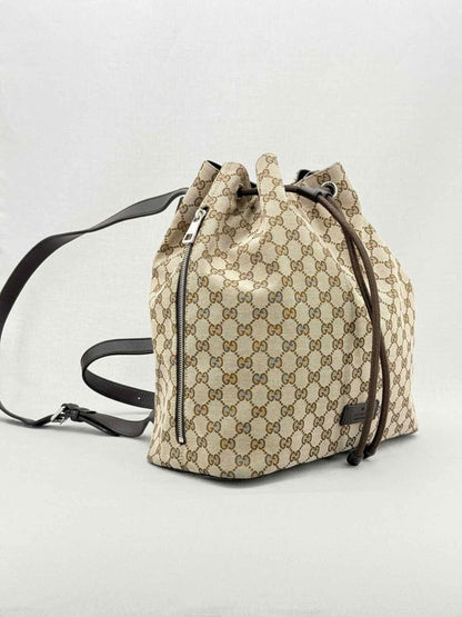 Pre - loved GUCCI Drawstring Brown GG Backpack at Reems Closet