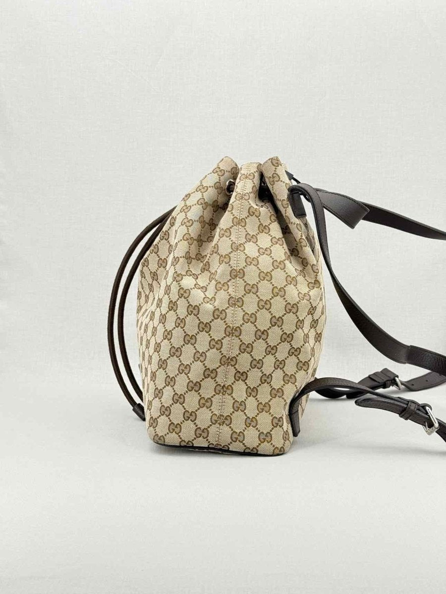 Pre - loved GUCCI Drawstring Brown GG Backpack at Reems Closet