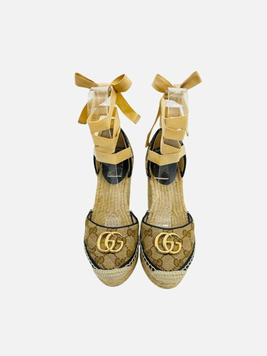 Pre - loved GUCCI Espadrille Beige GG Wedges 35.5 at Reems Closet