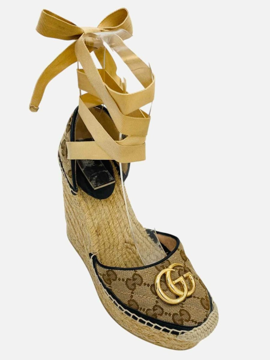 Pre - loved GUCCI Espadrille Beige GG Wedges 35.5 at Reems Closet