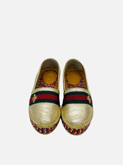 Pre - loved GUCCI Espadrille Metallic Gold Flats 37.5 at Reems Closet