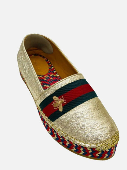 Pre - loved GUCCI Espadrille Metallic Gold Flats 37.5 at Reems Closet