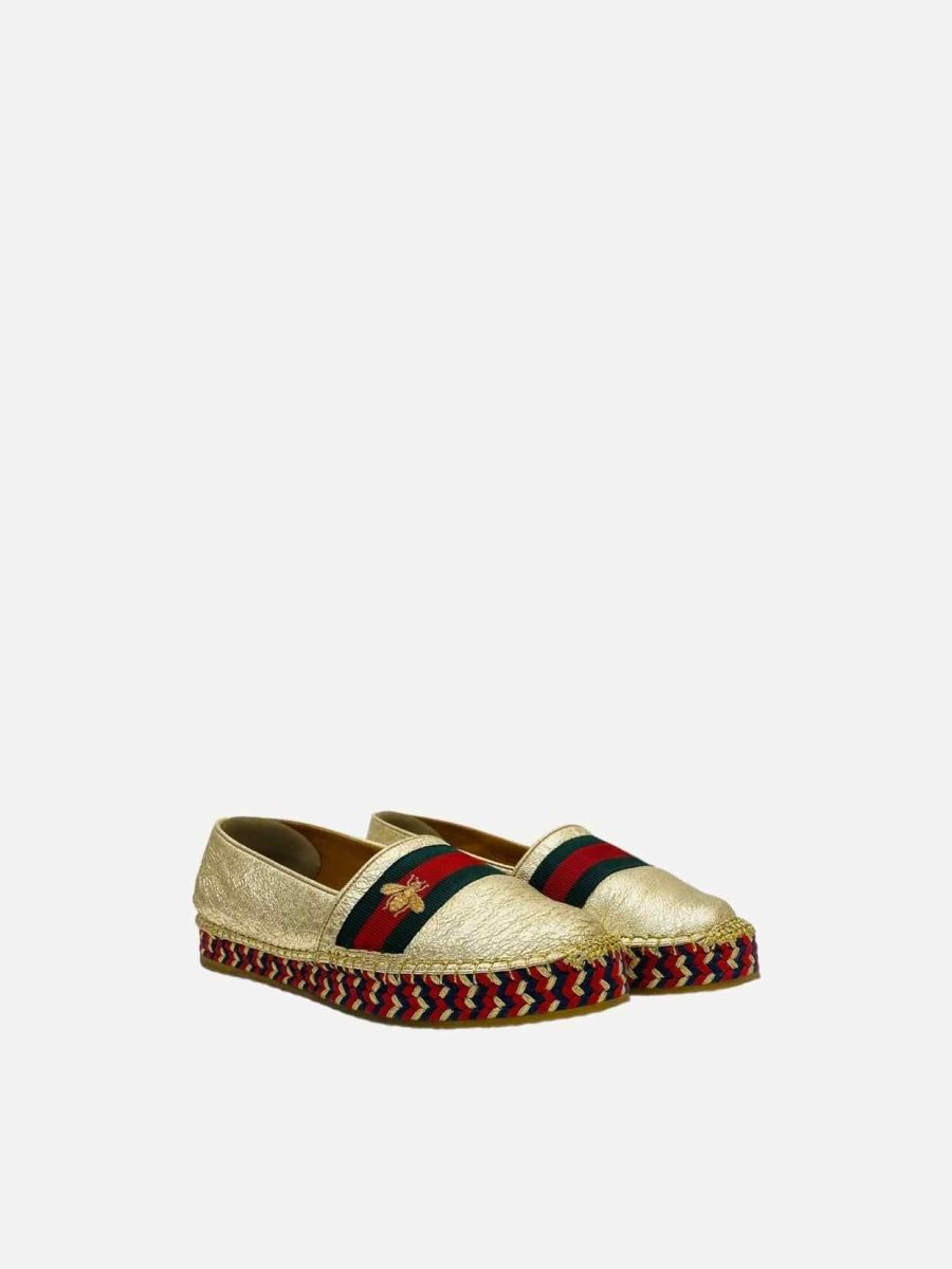 Pre - loved GUCCI Espadrille Metallic Gold Web Stripe Flats at Reems Closet