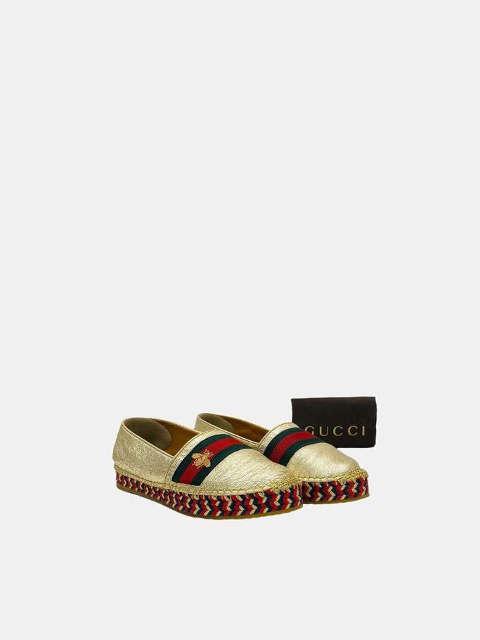 Pre - loved GUCCI Espadrille Metallic Gold Web Stripe Flats at Reems Closet