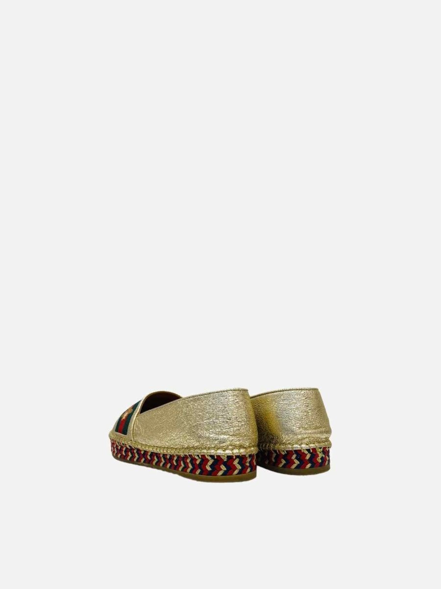 Pre - loved GUCCI Espadrille Metallic Gold Web Stripe Flats at Reems Closet