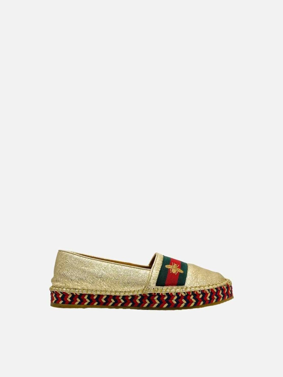 Pre - loved GUCCI Espadrille Metallic Gold Web Stripe Flats at Reems Closet