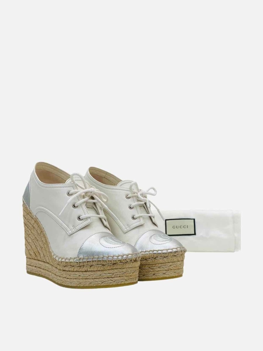 Pre - loved GUCCI Espadrille White w/ Silver Logo Sneaker Wedges at Reems Closet