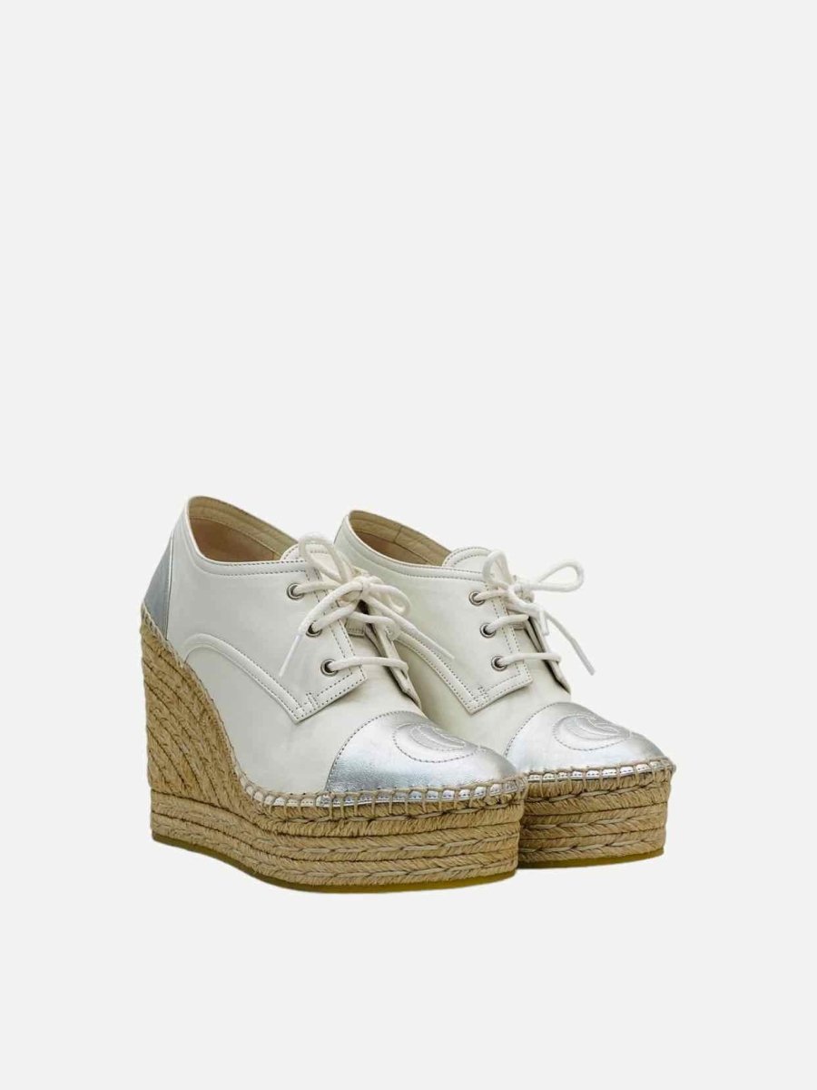 Pre - loved GUCCI Espadrille White w/ Silver Logo Sneaker Wedges at Reems Closet