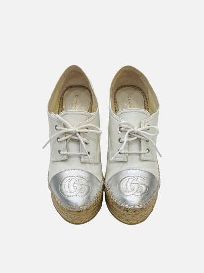 Pre - loved GUCCI Espadrille White w/ Silver Logo Sneaker Wedges at Reems Closet