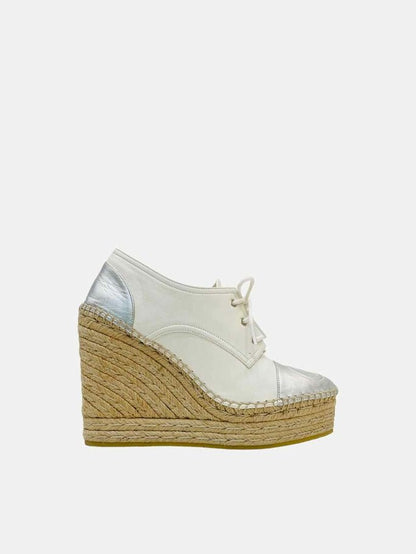 Pre - loved GUCCI Espadrille White w/ Silver Logo Sneaker Wedges at Reems Closet