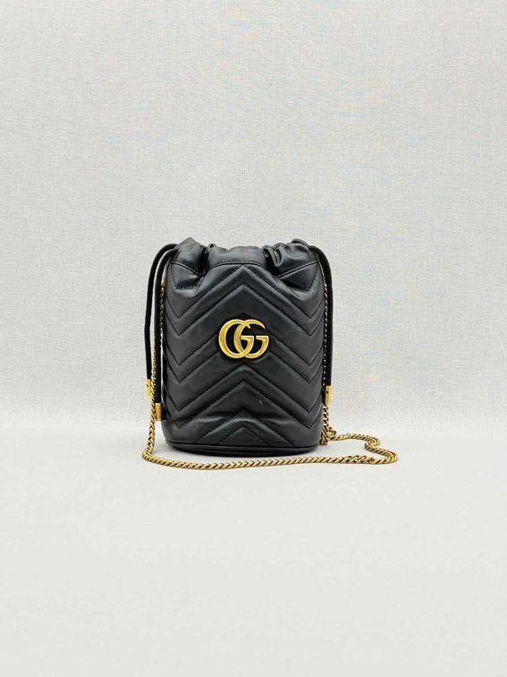 Pre-loved GUCCI GG Marmont Black Chevron Bucket Bag at Reems Closet