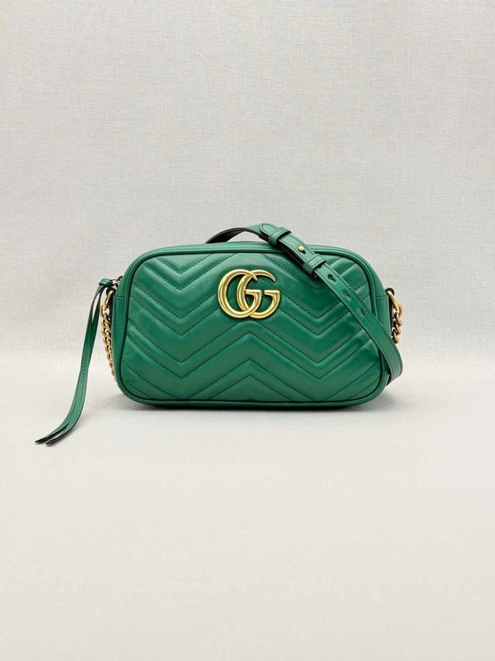 Pre-loved GUCCI GG Marmont Camera Green Chevron Crossbody at Reems Closet
