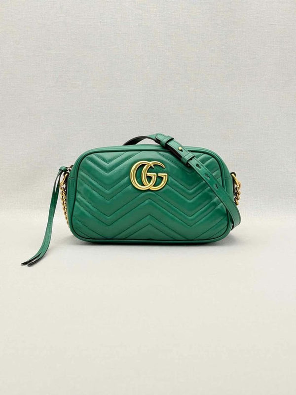 Pre-loved GUCCI GG Marmont Camera Green Chevron Crossbody at Reems Closet