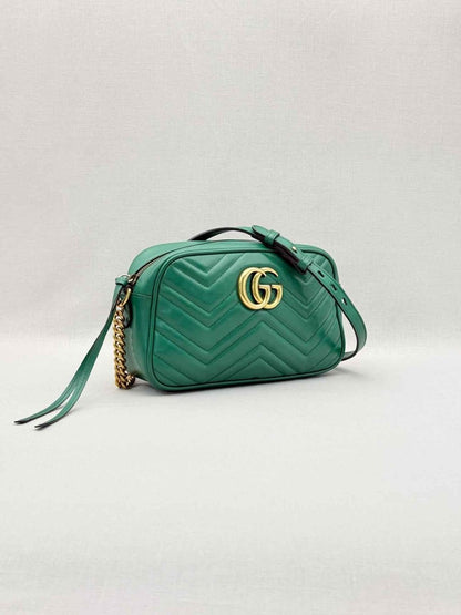 Pre-loved GUCCI GG Marmont Camera Green Chevron Crossbody at Reems Closet