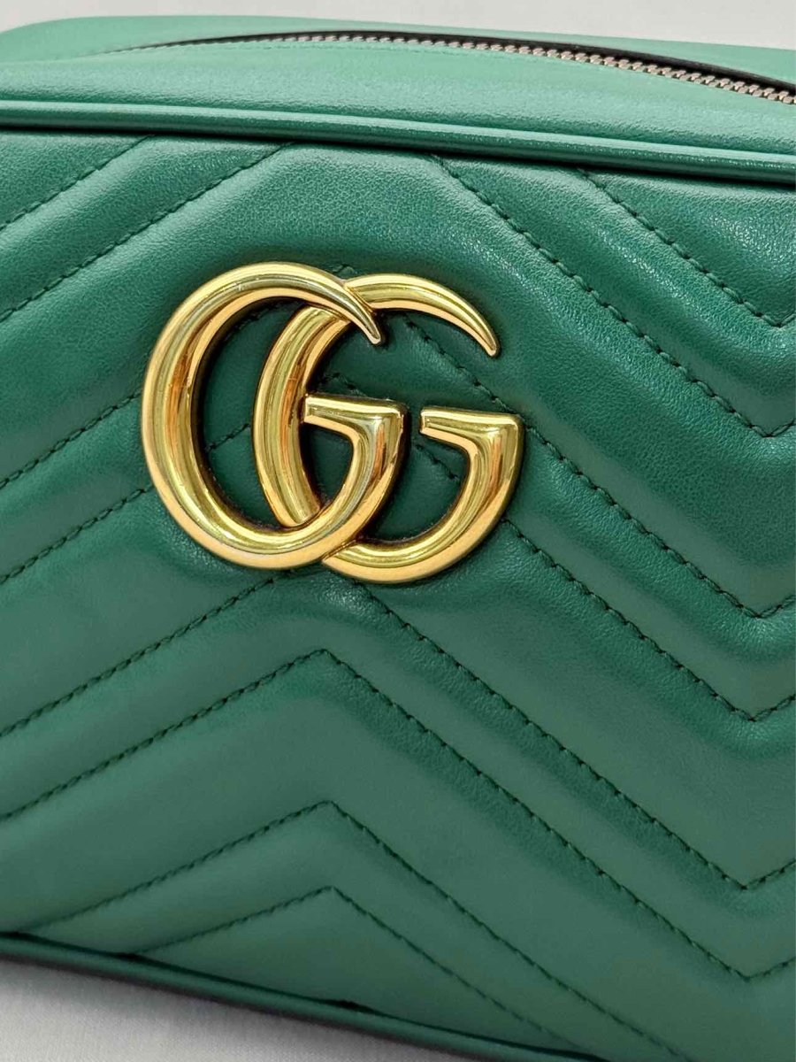 Pre-loved GUCCI GG Marmont Camera Green Chevron Crossbody at Reems Closet
