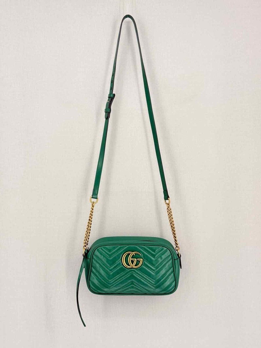 Pre-loved GUCCI GG Marmont Camera Green Chevron Crossbody at Reems Closet