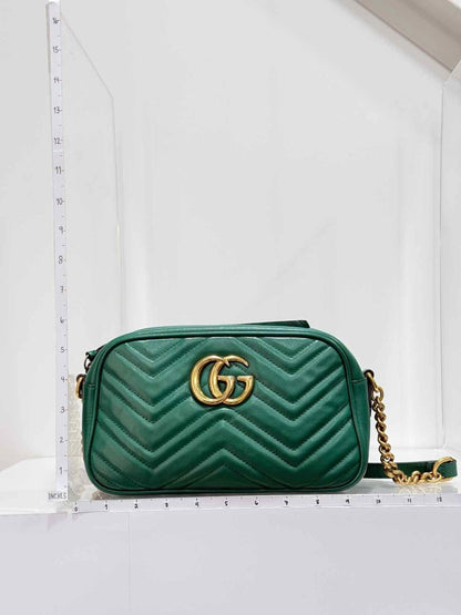 Pre-loved GUCCI GG Marmont Camera Green Chevron Crossbody at Reems Closet