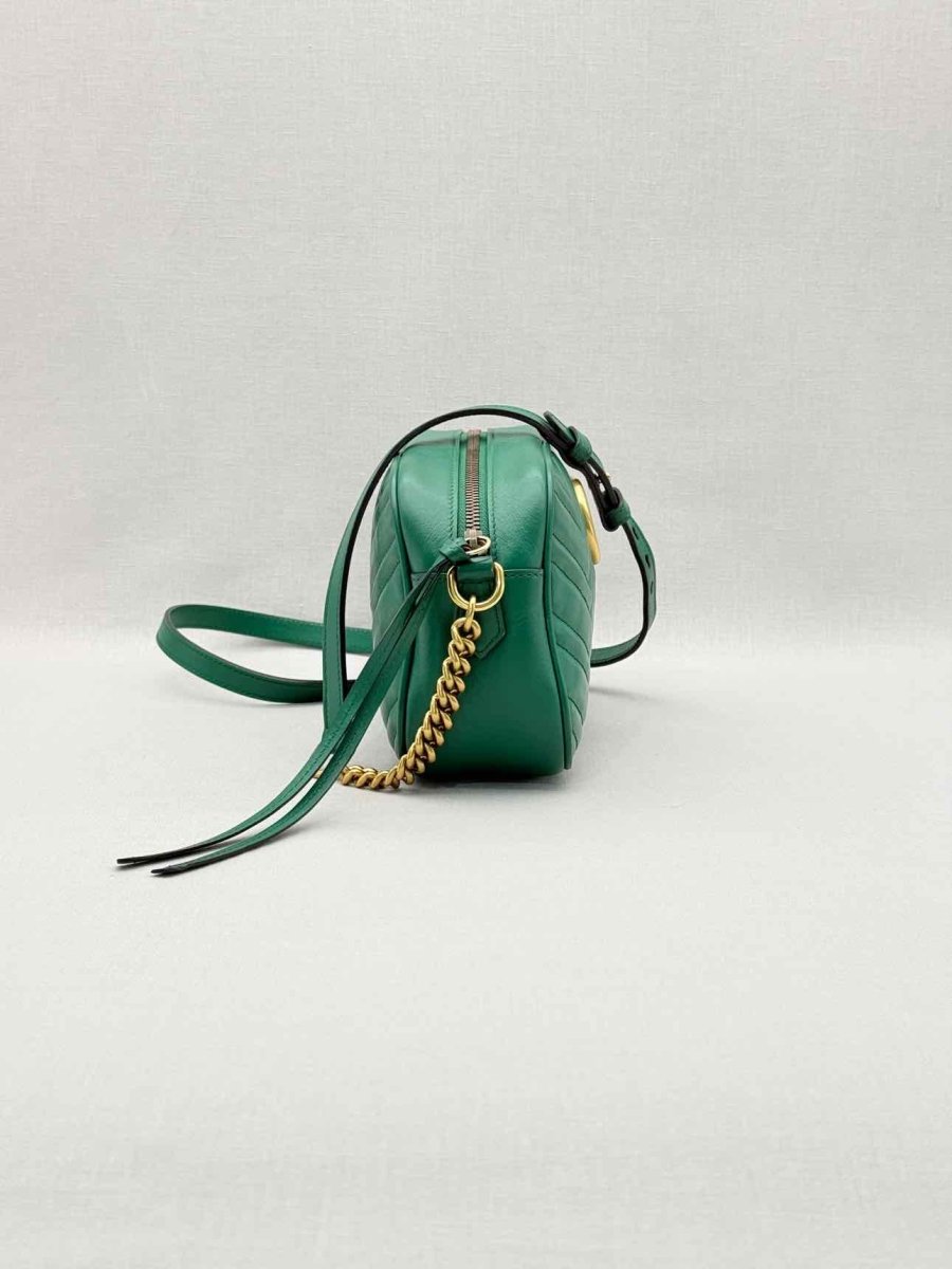 Pre-loved GUCCI GG Marmont Camera Green Chevron Crossbody at Reems Closet