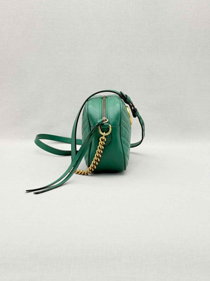 Pre-loved GUCCI GG Marmont Camera Green Chevron Crossbody at Reems Closet