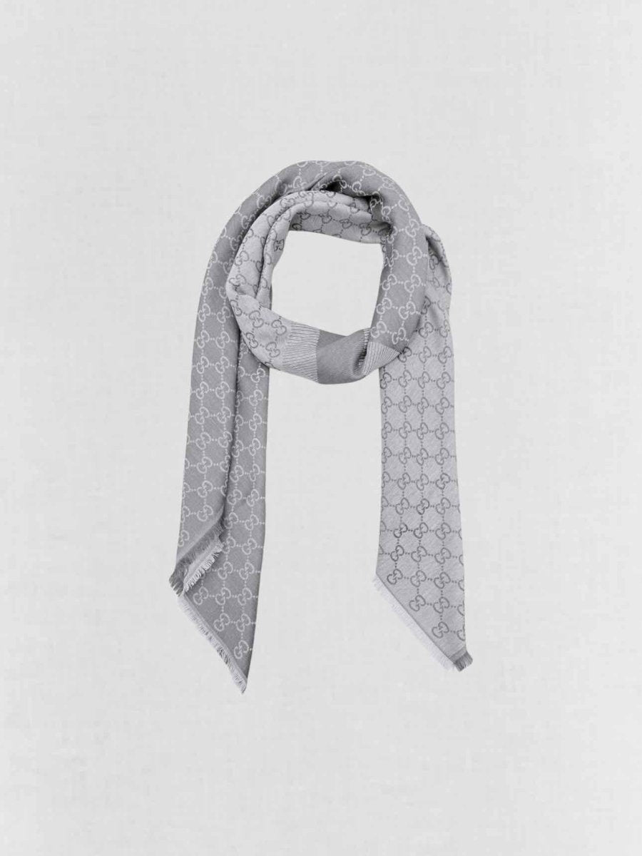 Pre - loved GUCCI Grey & White GG Scarf at Reems Closet