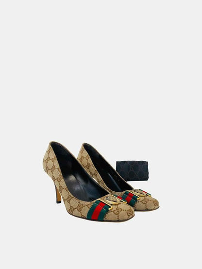 Pre - loved GUCCI Horsebit Beige Web Stripe Pumps at Reems Closet