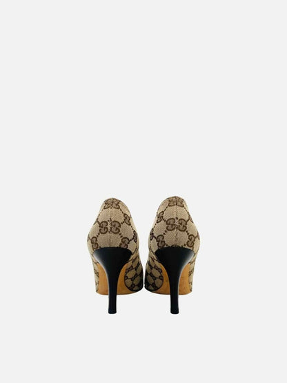 Pre - loved GUCCI Horsebit Beige Web Stripe Pumps at Reems Closet