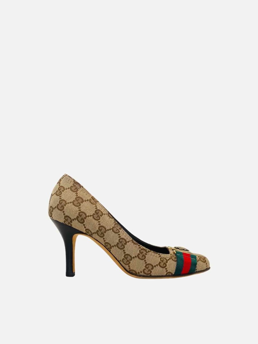 Pre - loved GUCCI Horsebit Beige Web Stripe Pumps at Reems Closet