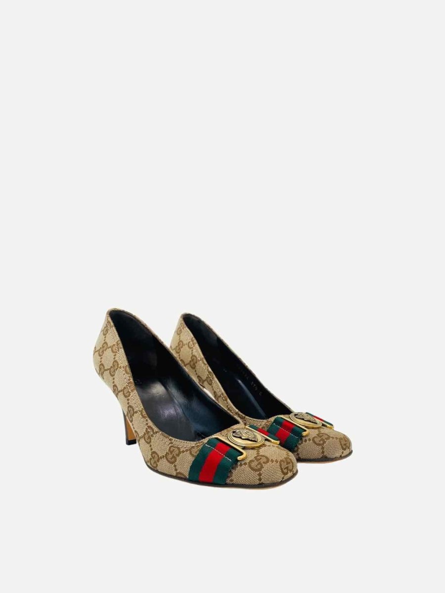 Pre - loved GUCCI Horsebit Beige Web Stripe Pumps at Reems Closet