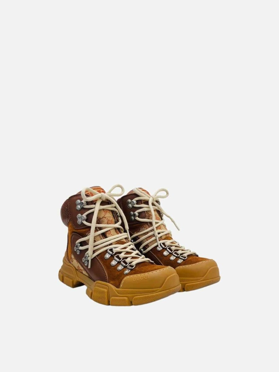 Pre - loved GUCCI Journey Brown GG Hiker Boots at Reems Closet