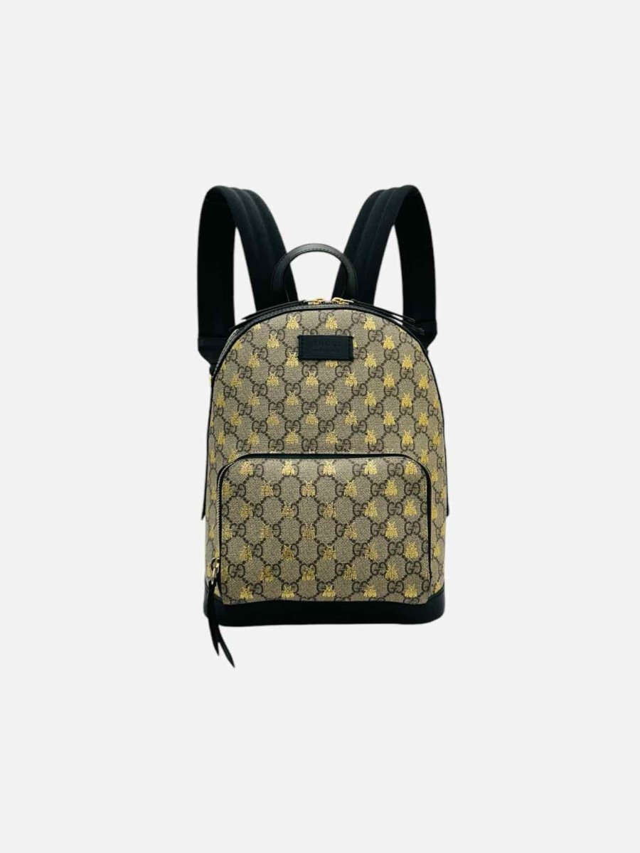 Pre - loved GUCCI Ophidia Brown & Black GG Supreme Bees Backpack at Reems Closet