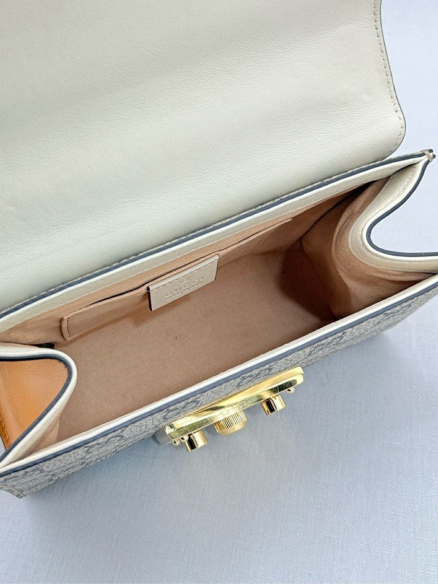 Pre - loved GUCCI Padlock Brown & Beige GG Supreme Shoulder Bag at Reems Closet