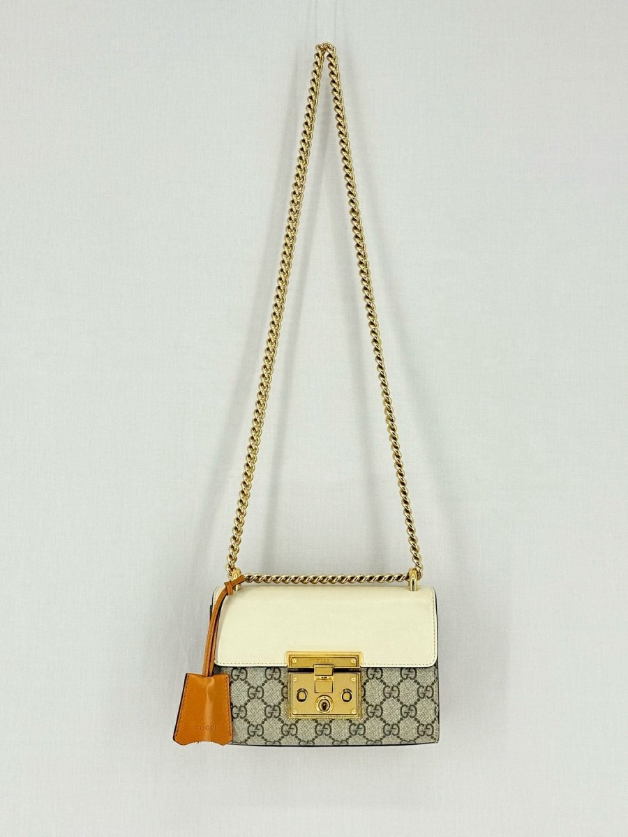 Pre - loved GUCCI Padlock Brown & Beige GG Supreme Shoulder Bag at Reems Closet