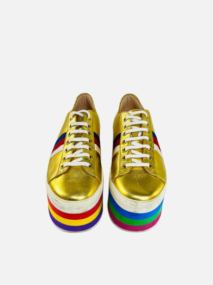 Pre - loved GUCCI Peggy Platform Gold Multicolor Web Sneakers 40 at Reems Closet