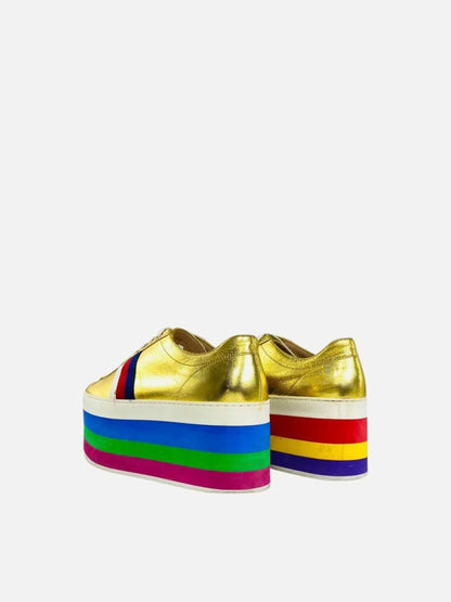 Pre - loved GUCCI Peggy Platform Gold Multicolor Web Sneakers 40 at Reems Closet