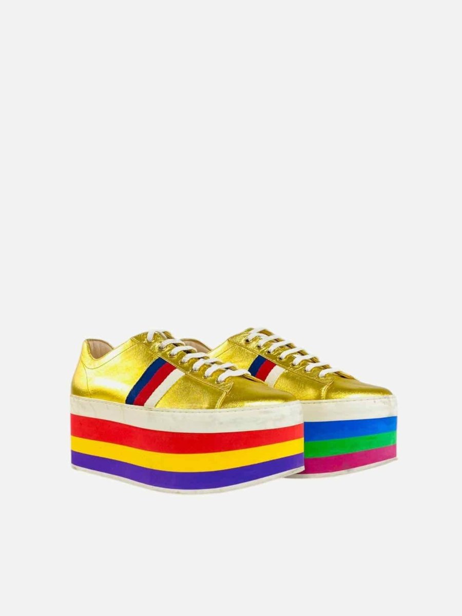 Pre - loved GUCCI Peggy Platform Gold Multicolor Web Sneakers 40 at Reems Closet