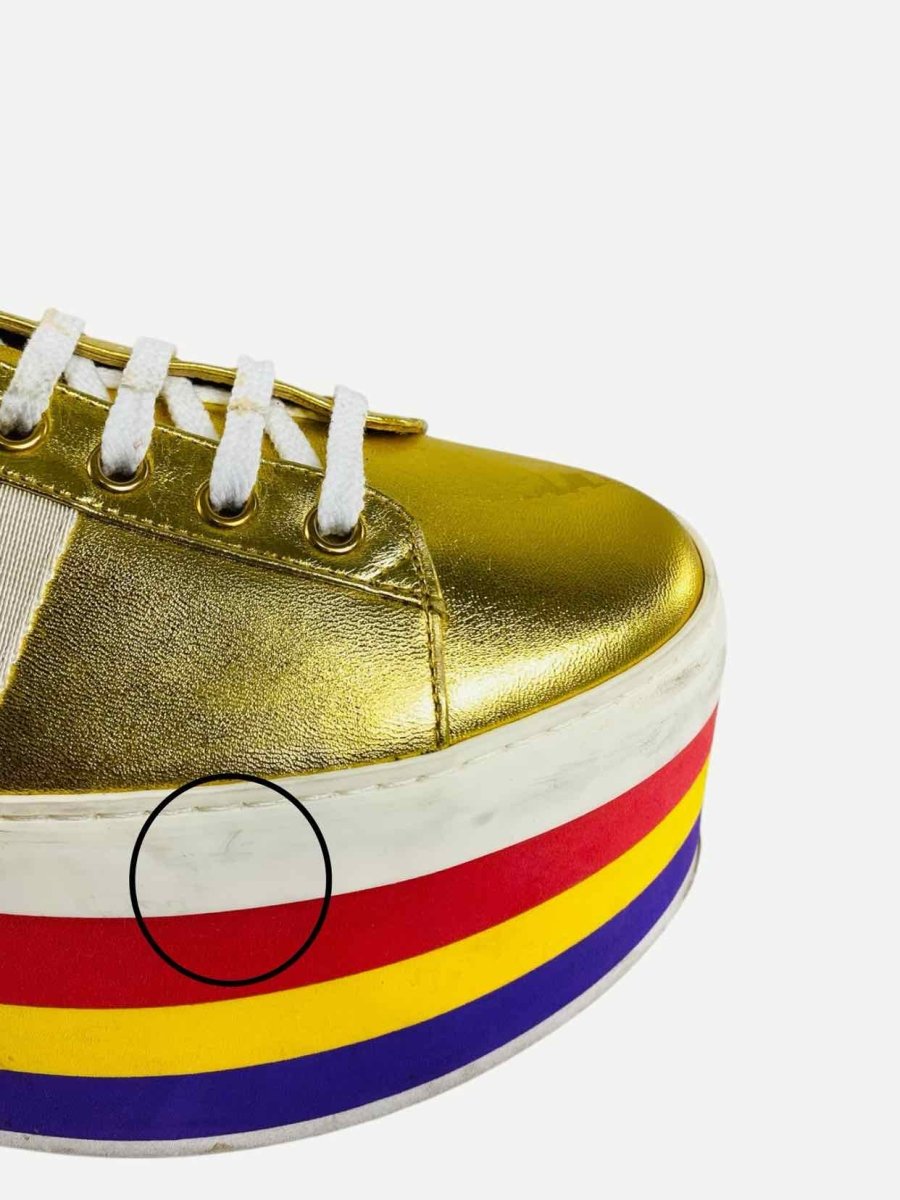 Pre - loved GUCCI Peggy Platform Gold Multicolor Web Sneakers 40 at Reems Closet