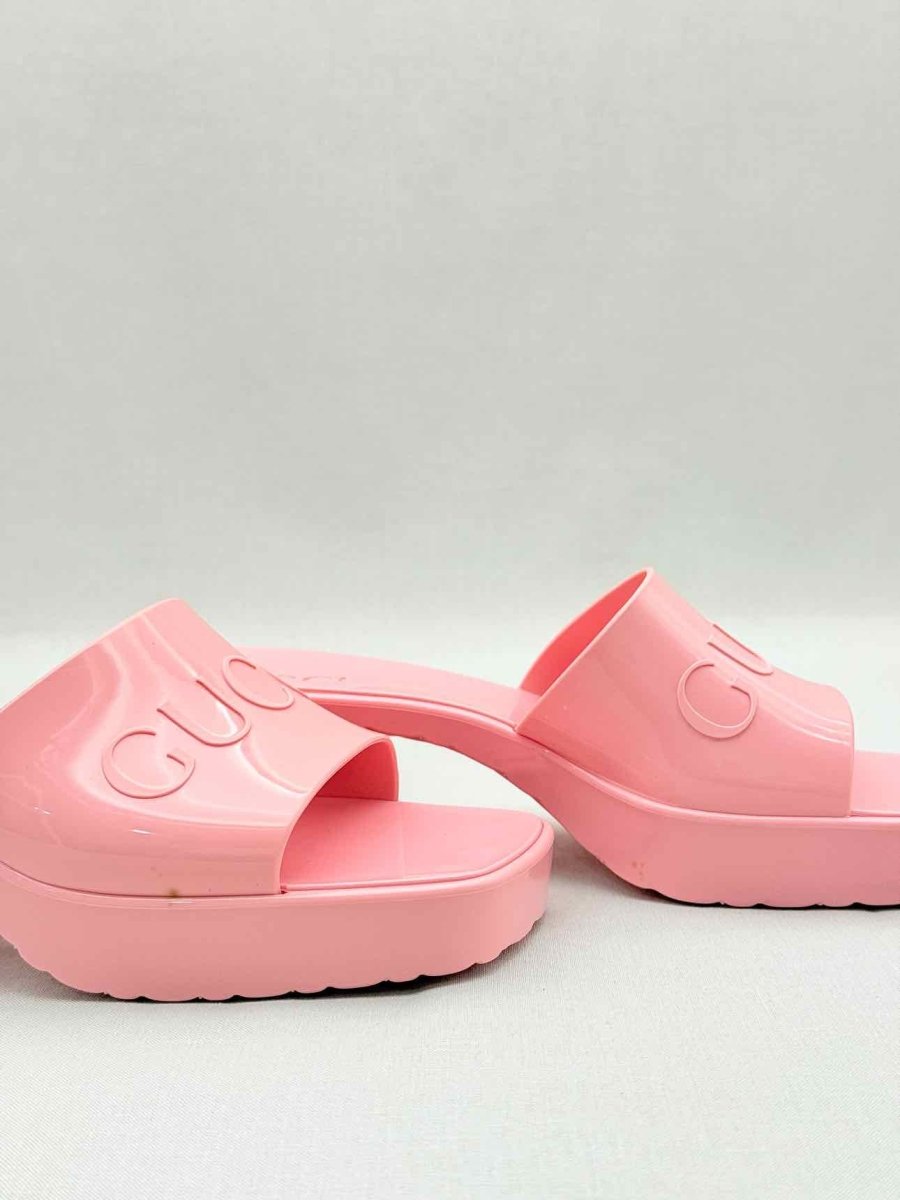 Pre - loved GUCCI Pink Embossed Size EU 38 Heeled Sandals at Reems Closet