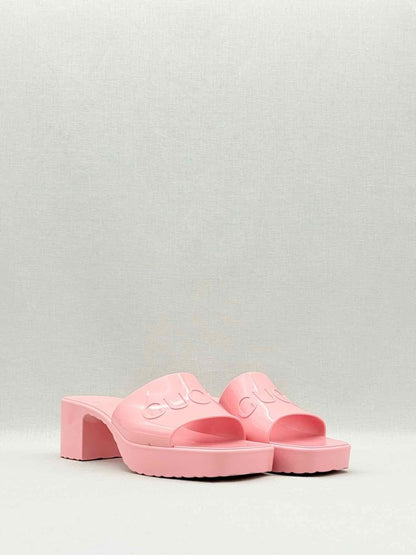 Pre - loved GUCCI Pink Embossed Size EU 38 Heeled Sandals at Reems Closet