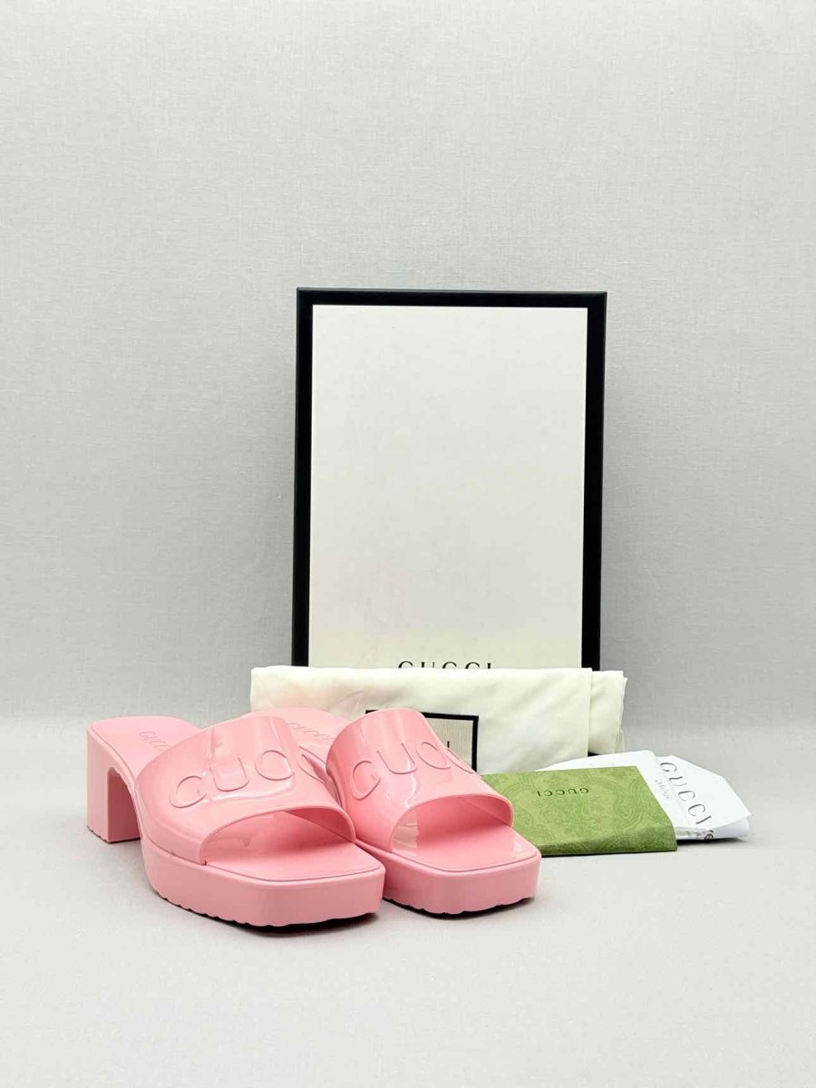 Pre - loved GUCCI Pink Embossed Size EU 38 Heeled Sandals at Reems Closet