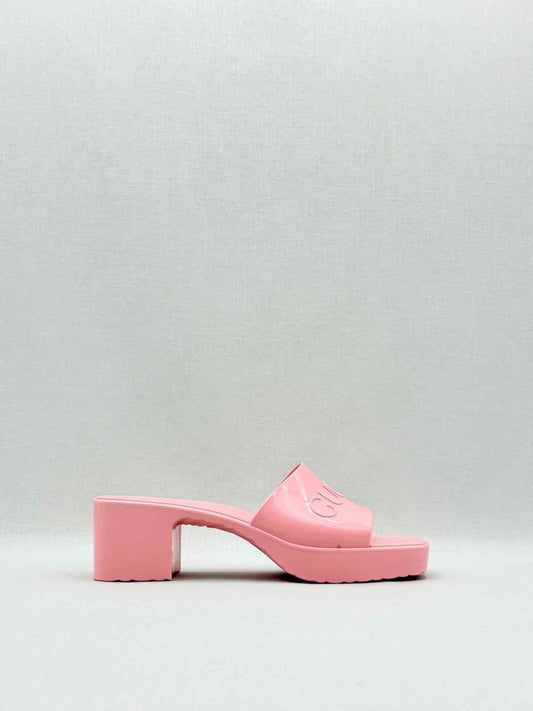 Pre - loved GUCCI Pink Embossed Size EU 38 Heeled Sandals at Reems Closet