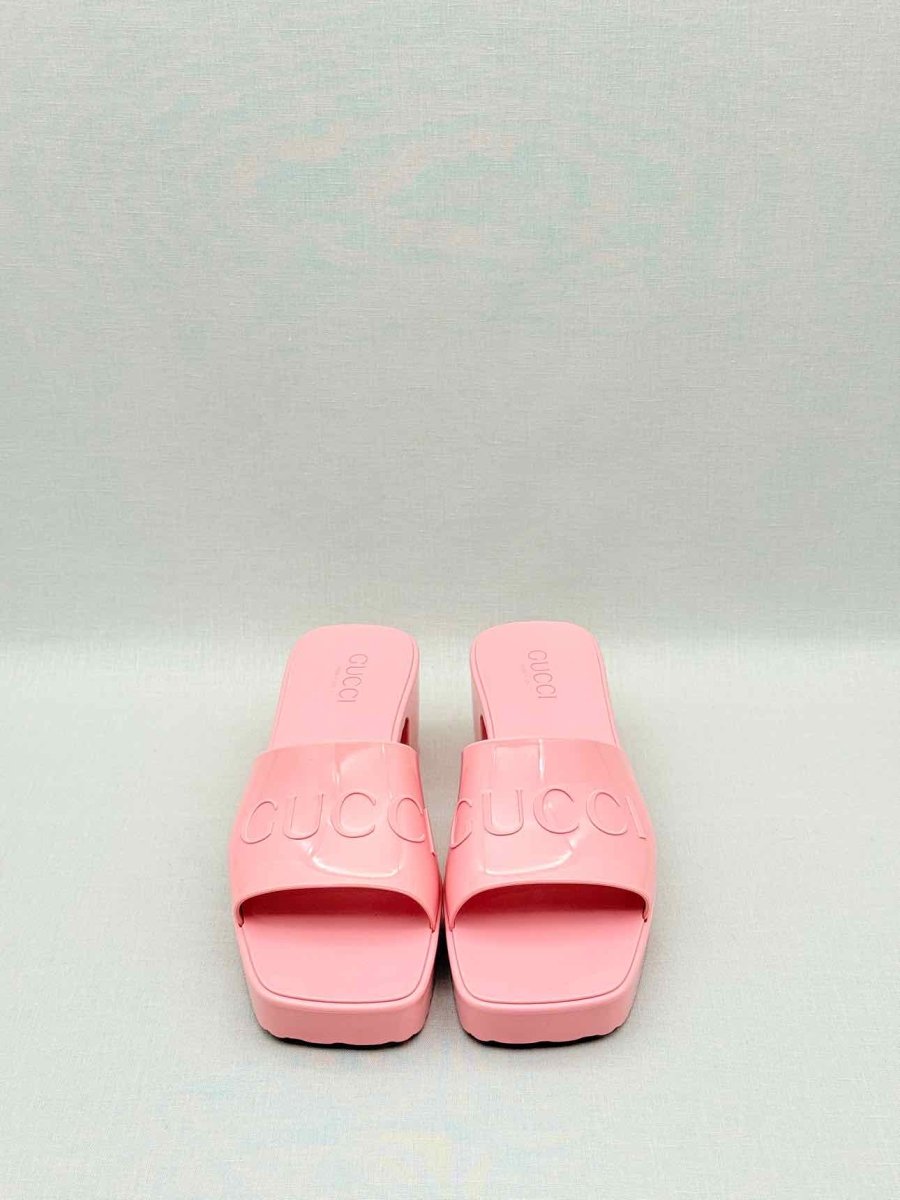 Pre - loved GUCCI Pink Embossed Size EU 38 Heeled Sandals at Reems Closet